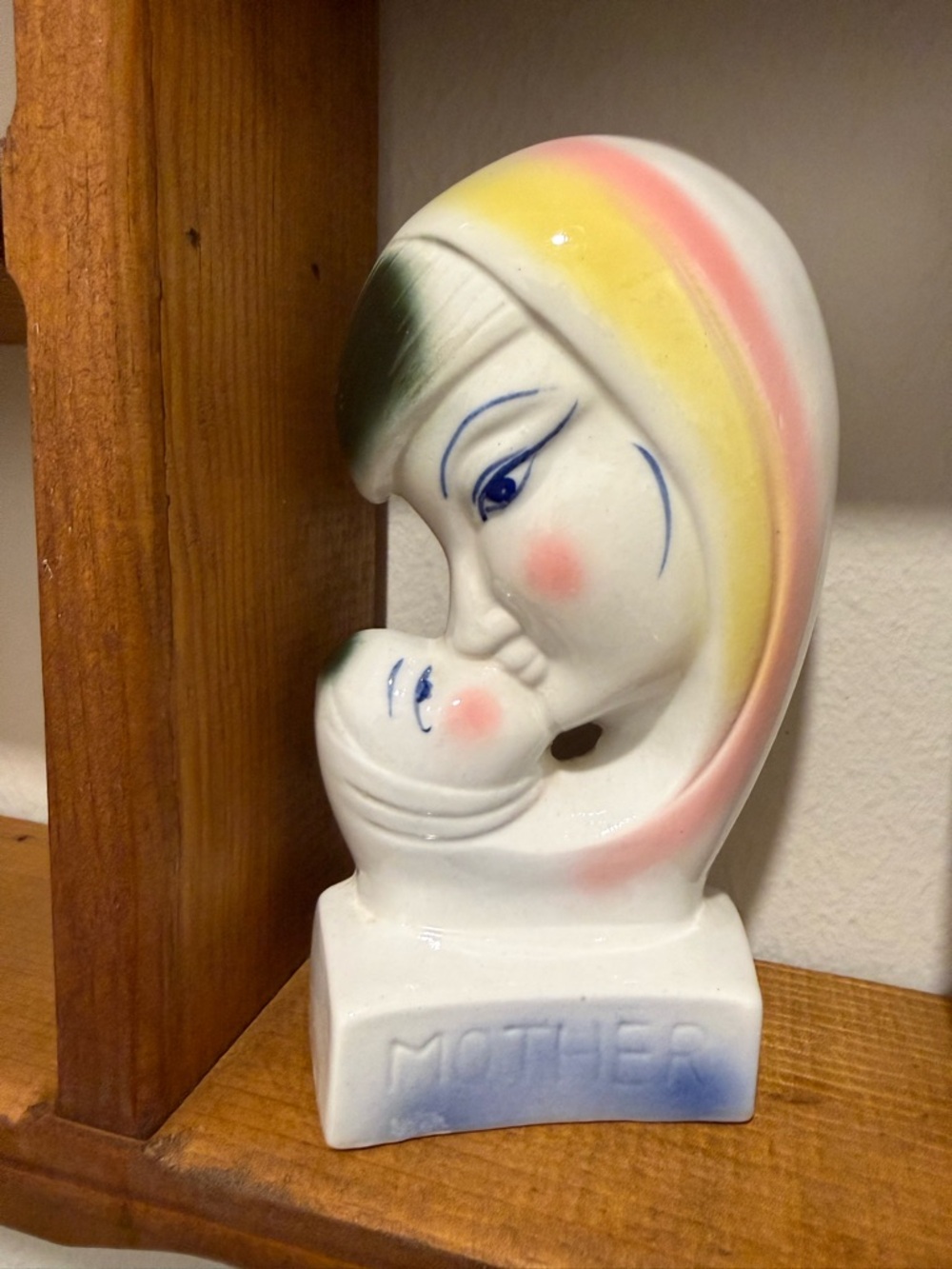 Vintage Mother and Child Ceramic Figurine Wall Pocket White Pink Yellow Accents
